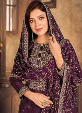 Embroidered Viscose Uppada Silk Pakistani Suit in Wine